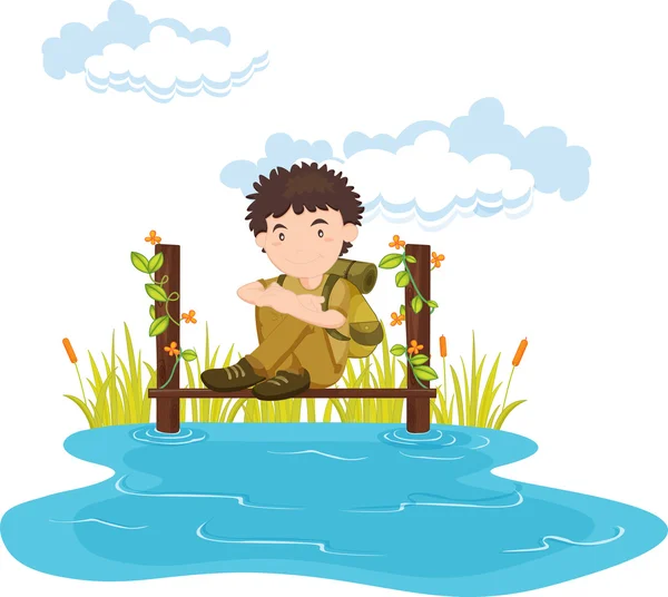 Малюк сидить на дерев'яному мосту — стоковий вектор