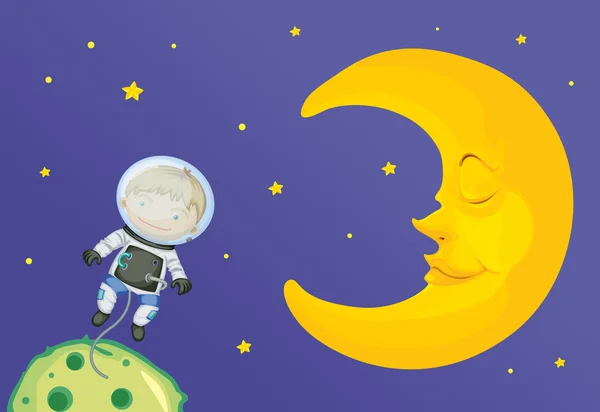 Ilustración de dibujos animados de niño con luna — Vector de stock