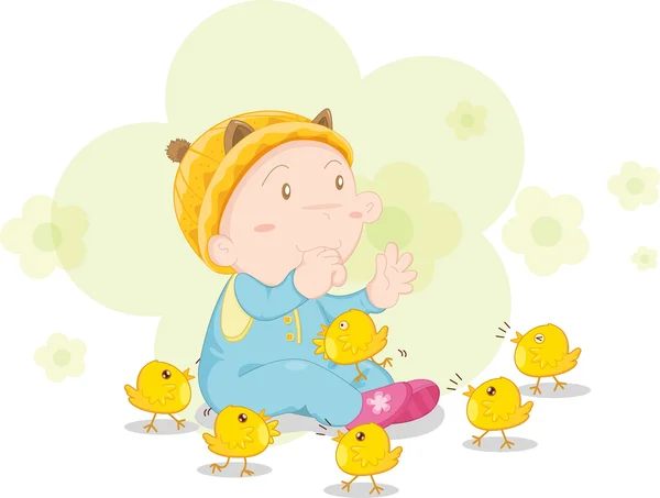 Baby with chickens — Stock Vector
