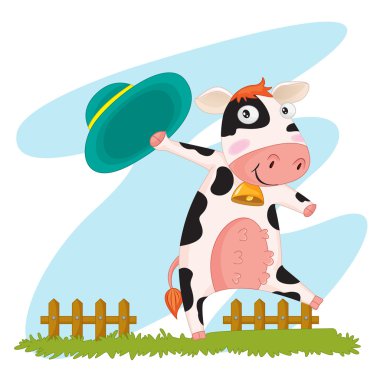 An illustration of a cow waving a hat clipart