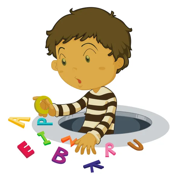 Niño con letras — Vector de stock
