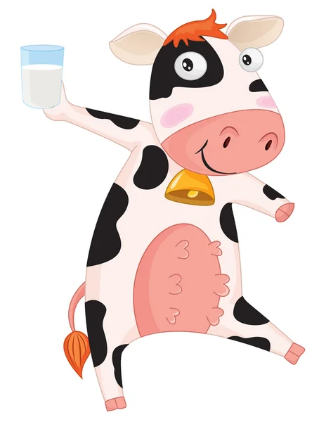 一头母牛，拿一杯牛奶的插图 — 图库矢量图片