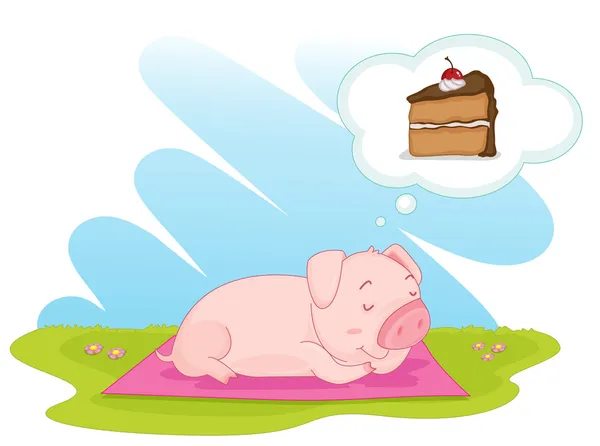 An illustration of a pig day dreaming of cake — Stock Vector