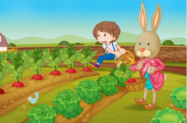 Bunny and boy in the garden clipart