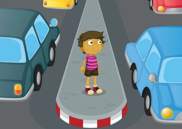 Niño cruzando la carretera — Vector de stock