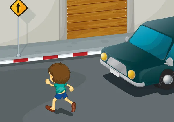 Niño cruzando la carretera — Vector de stock