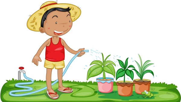 Ein Junge gießt Pflanzen — Stockvektor