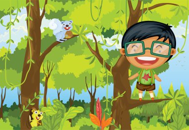 A Boy Standing on Branch of a Tree clipart