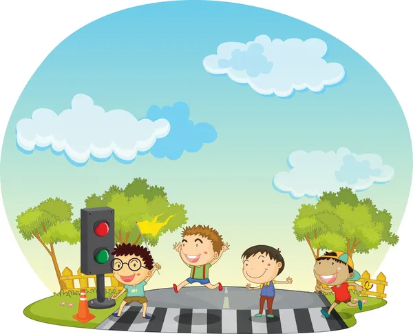 Kinder überqueren Straße — Stockvektor