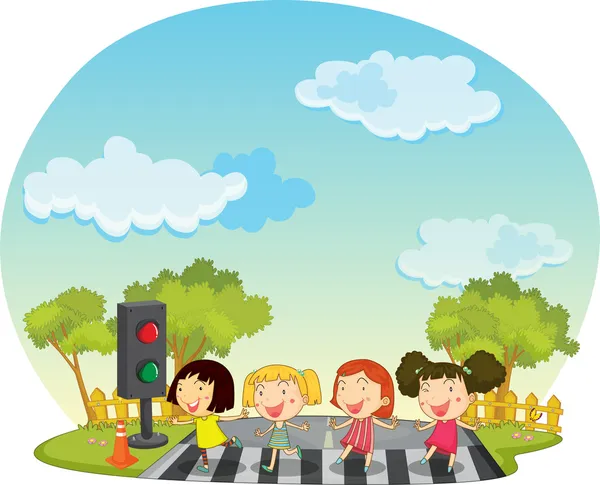 Niños cruzando la calle — Vector de stock