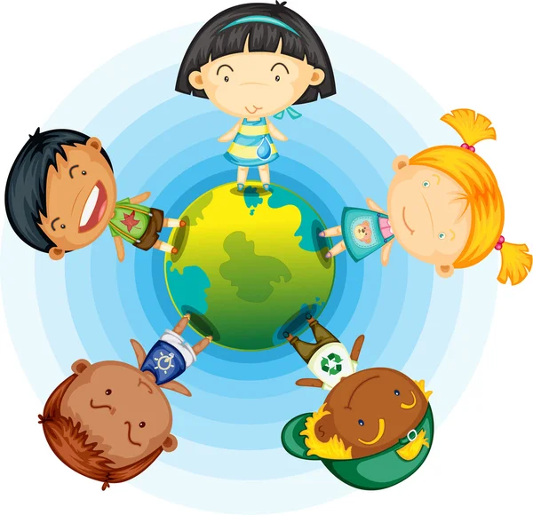 Childrens Standing Round the Globe — Stock Vector