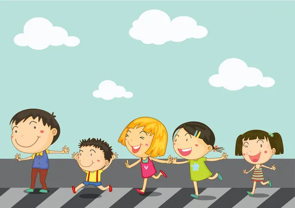 Niños cruzando la carretera — Vector de stock