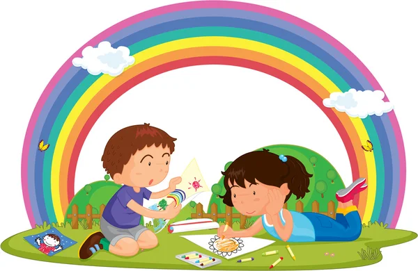 男孩 & 女孩绘画在草坪上 — 图库矢量图片