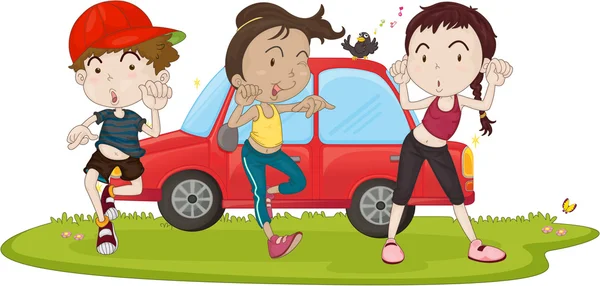 Хлопчик і дівчата біля автомобіля — стоковий вектор