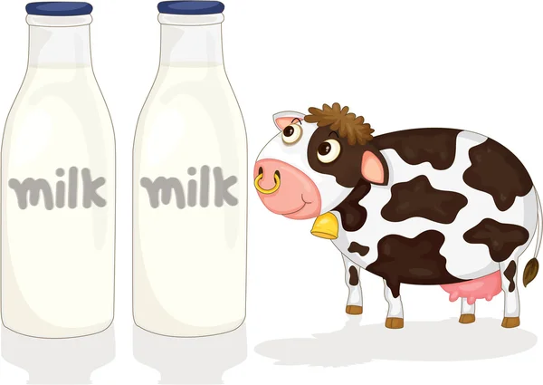 Μια αγελάδα βλέποντας σε μπουκάλια γάλα — Διανυσματικό Αρχείο