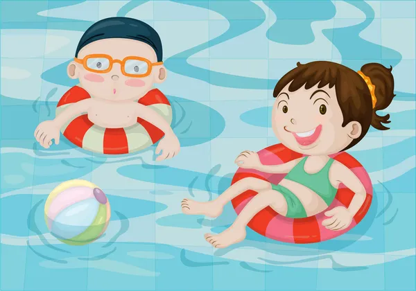 Niño y niña en la piscina — Vector de stock