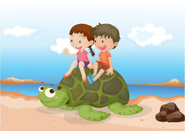 Girl and Boy Sitting on Tortoise — Stock Vector
