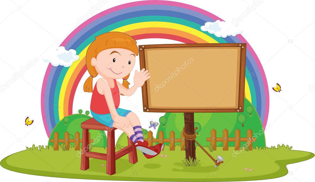 A Girl sitting near a blank board