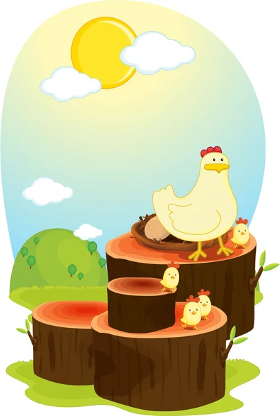 ログの上に鶏在日志上母鸡 — 图库矢量图片