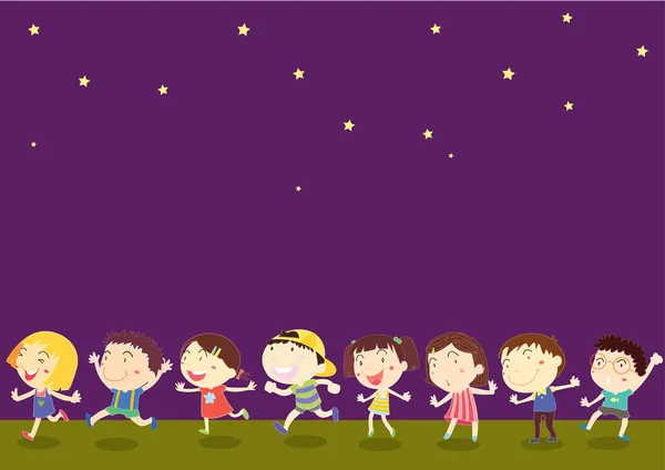 Illustrazione di bambini su sfondo scuro cielo notturno — Vettoriale Stock