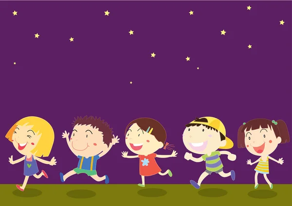 Illustration of kids on dark night sky background — Stock Vector