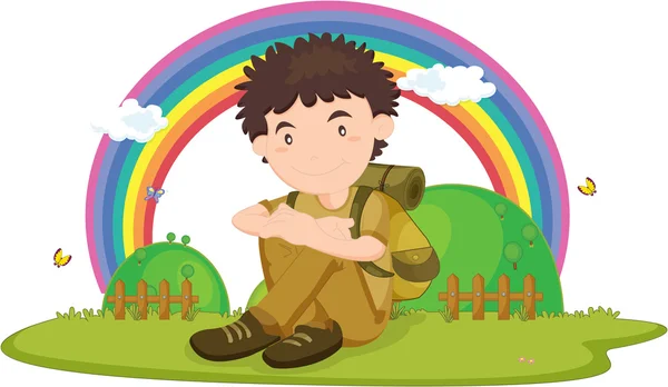 Иллюстрация мальчика, сидящего на радужном фоне — стоковый вектор