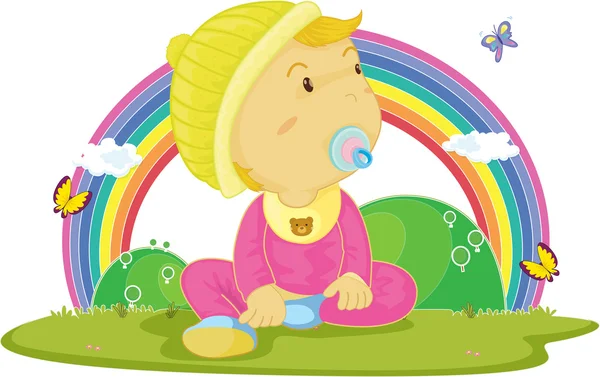 虹の背景での子どものイラスト — ストックベクタ
