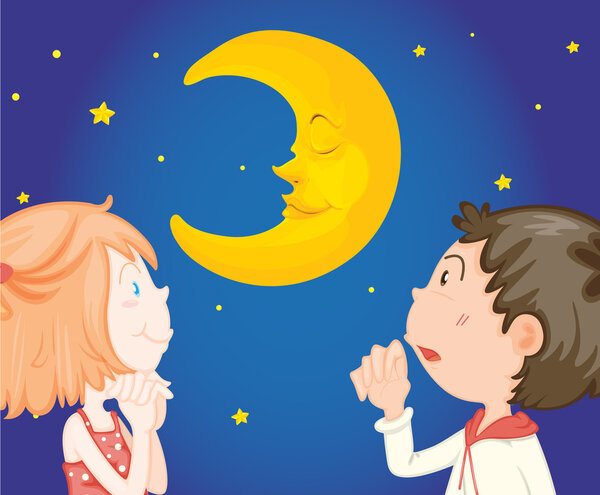 Kids at night with moon