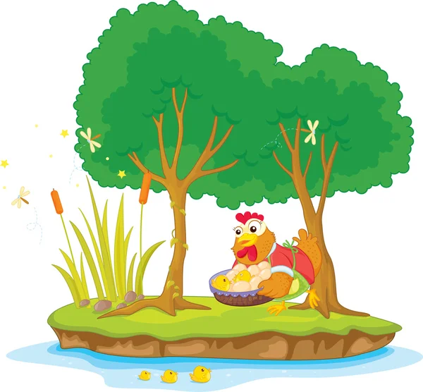 母鸡和岛上的两个树插图 — 图库矢量图片