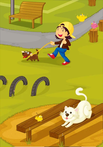 Ilustración de niña con animales — Vector de stock