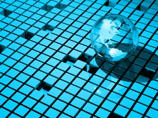 Transparenter Globus und blaue Würfel — Stockfoto