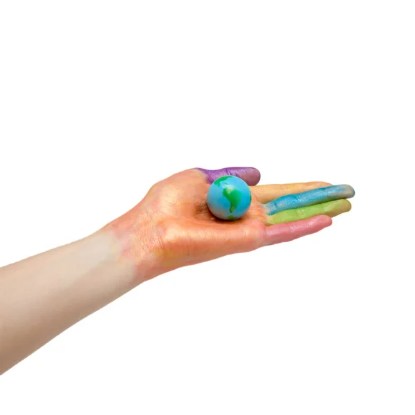 stock image Colorful hand is holding globe