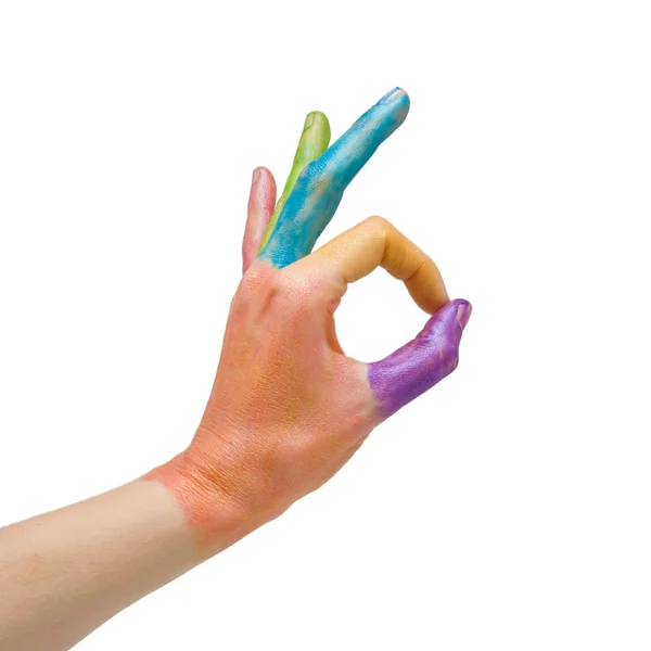 La mano coloreada está mostrando un buen símbolo — Foto de Stock