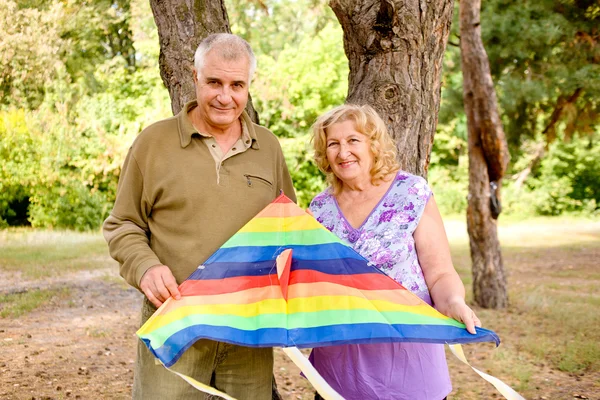 Couple in love flying a kite — Stock Photo, Image