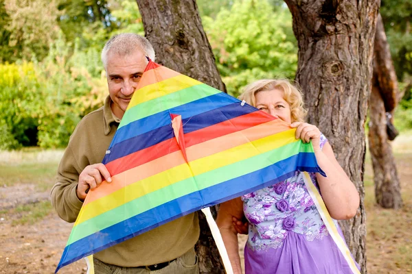 Couple in love flying a kite — Stock Photo, Image