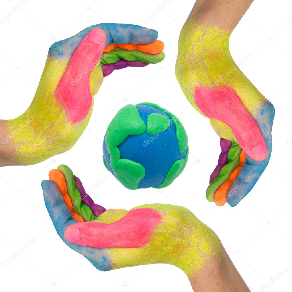 Conceptual symbol of colorful hands making a circle around earth globe made from clay as logo. Isolated on white background with clipping path