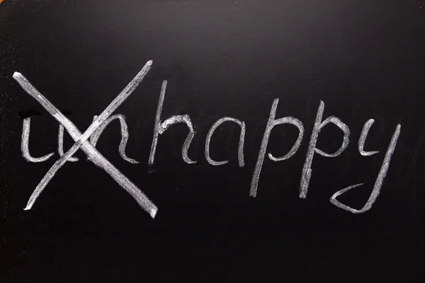 Word "unhappy", and it crossed out the prefix "un" — Stock Photo, Image