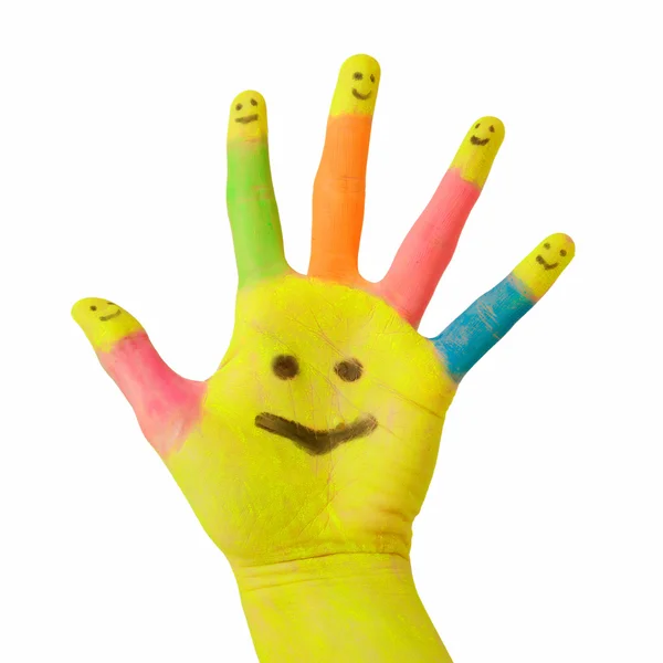 Mano colorida con sonrisa pintada en la palma y feliz dedo emoticonos como logotipo . — Foto de Stock