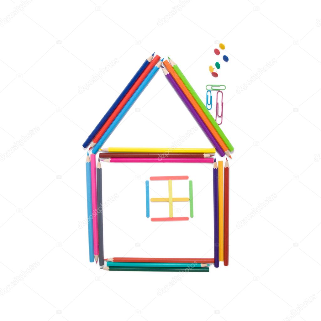 House made of colorful pencils, counting sticks, paper clips and office buttons, isolated on white background