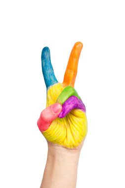 Colored hand with two fingers up in the peace or victory symbol clipart