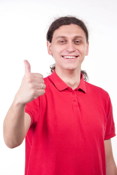 The man with long hair is showing ok gesture. — Stock Photo, Image