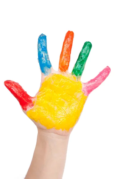Mão colorida pintada em tintas coloridas — Fotografia de Stock