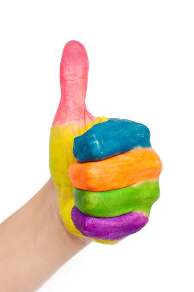 La mano de color muestra el pulgar hacia arriba o un buen símbolo —  Fotos de Stock