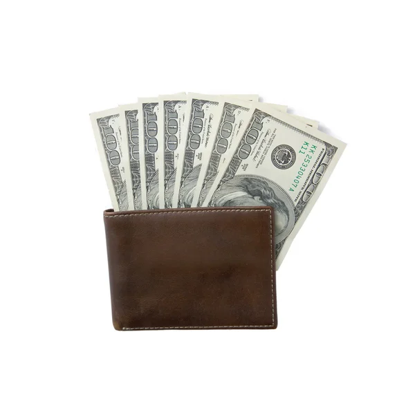 Lederen portefeuille met honderd-dollarbiljetten — Stockfoto