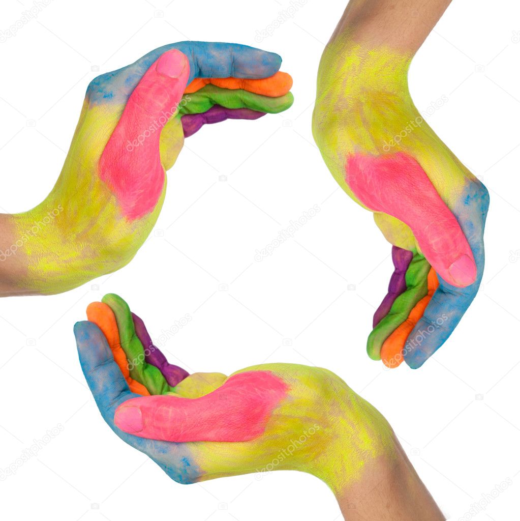 Conceptual symbol of colored hands making a circle as logo on white background with clipping path with a copy space in the middle