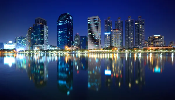 stock image Panorama of Bangkok city at night with reflection of skyline, Ba