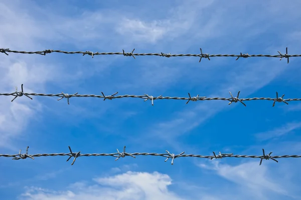 stock image Barbed wires against blue sky.