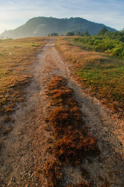 Грязная дорога к горе на восходе солнца — стоковое фото