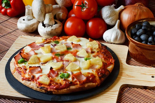 Wood Fired ham and pineapple supreme Pizza — Stock Photo, Image