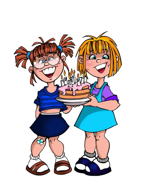 两个女孩与生日蛋糕 — 图库照片